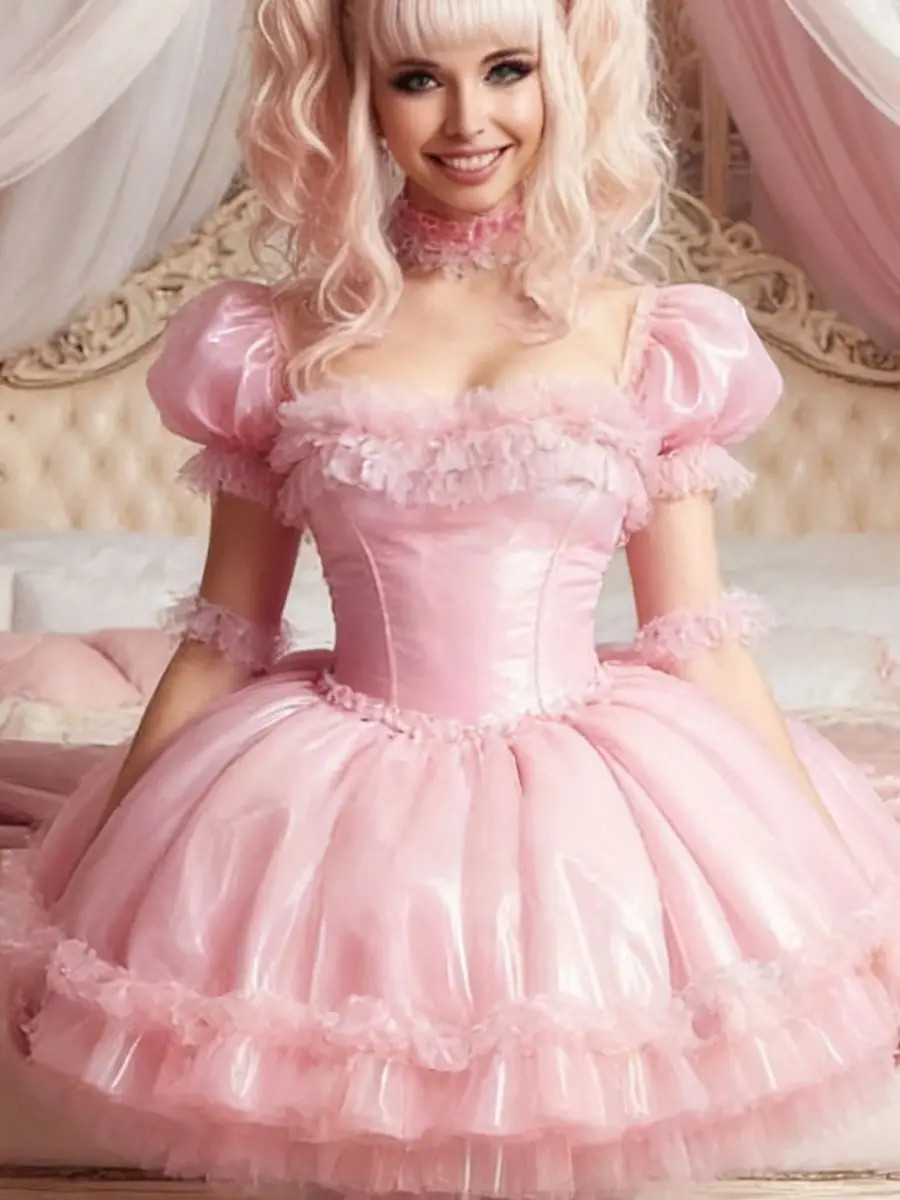Blush Pink Mini Lolita Wedding Dress Short Puff Sleeves Ruffles Ball Gown
