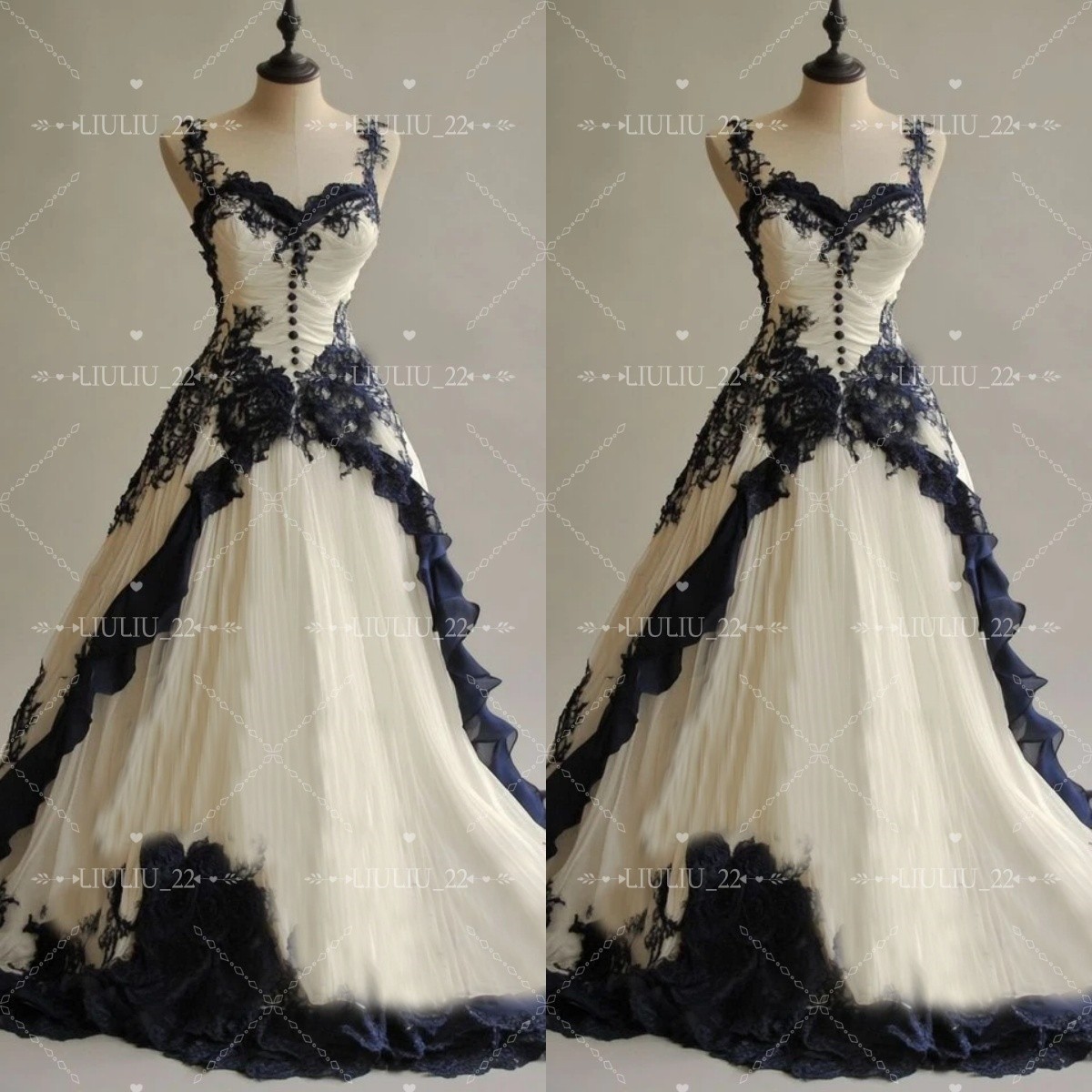 Gothic White and Black Wedding Dresses V Neck Ruffly Lace Applique Bridal Gowns