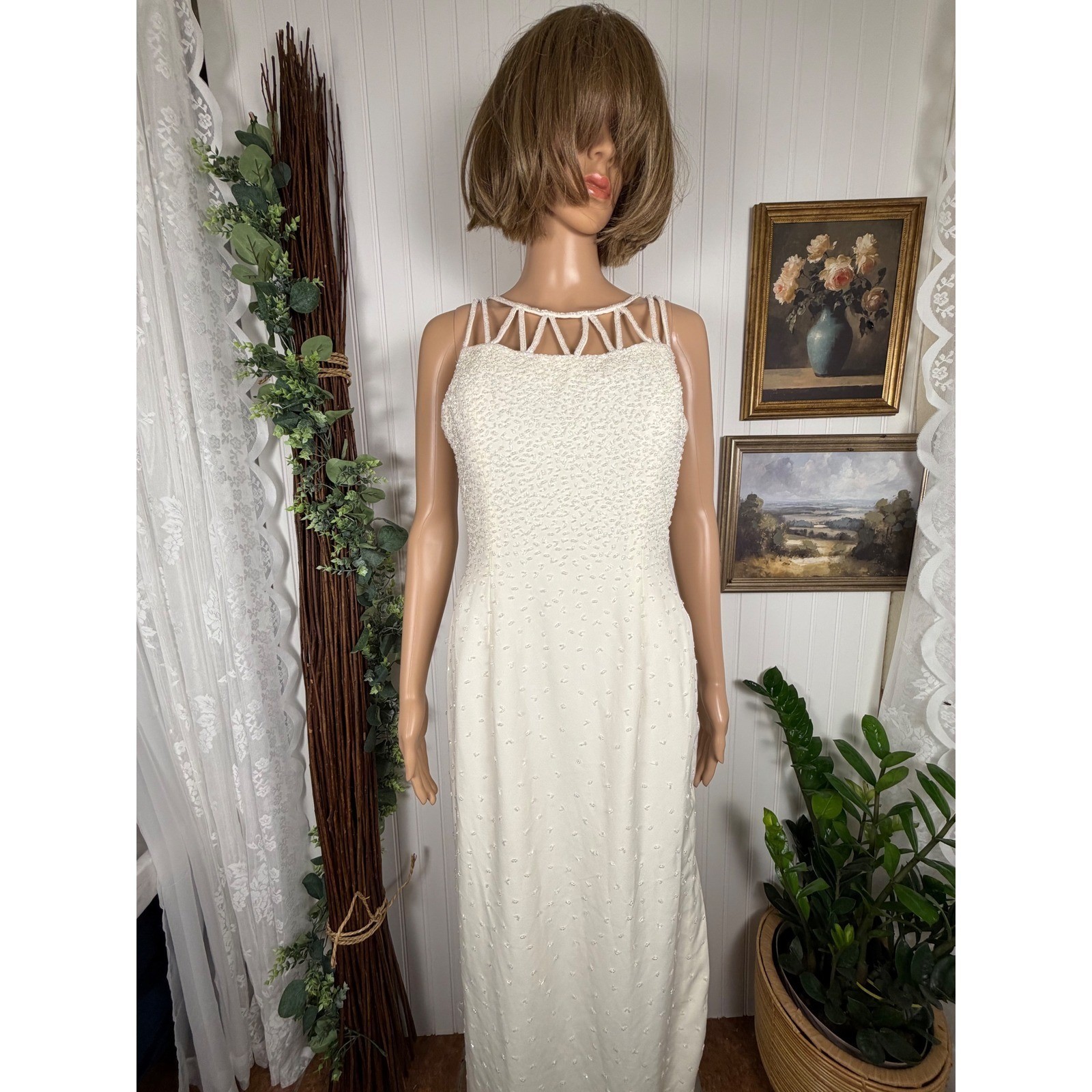 Je Matadi Vintage Maxi Dress Ivory Beaded Cage Back Wedding Gown