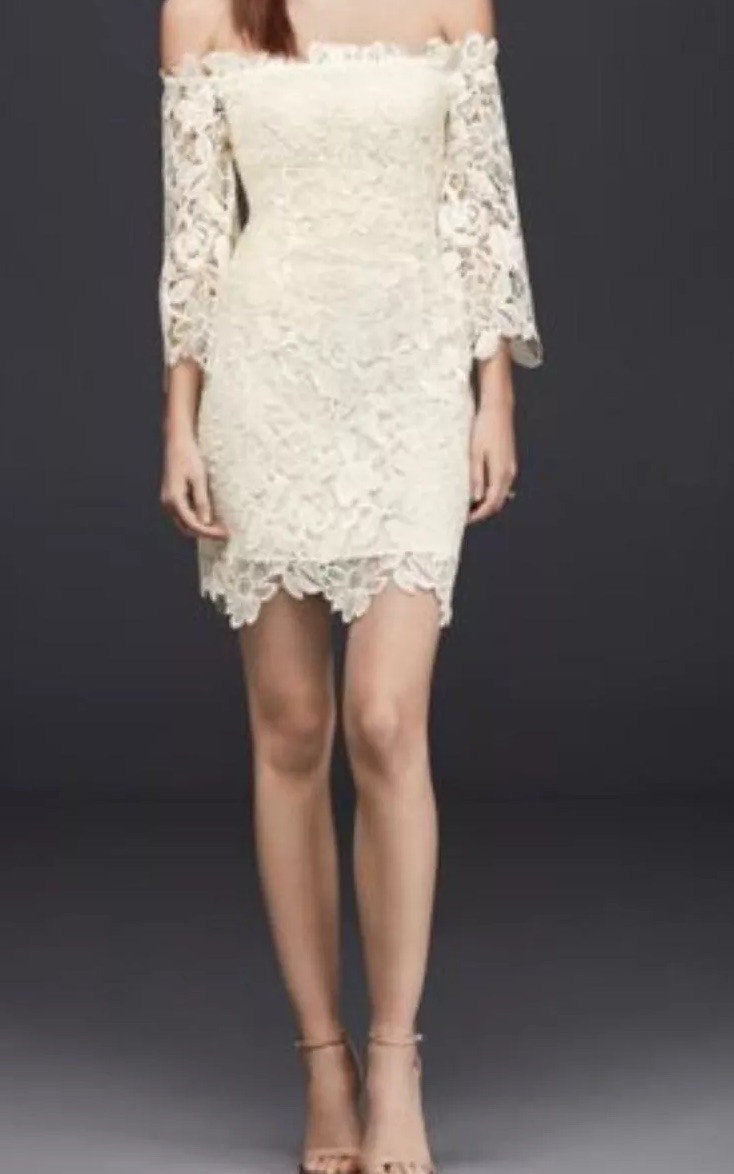 David’s Bridal Wedding Dress Women’s L Off-The-Shoulder Short Lace 3/4 Sleeve