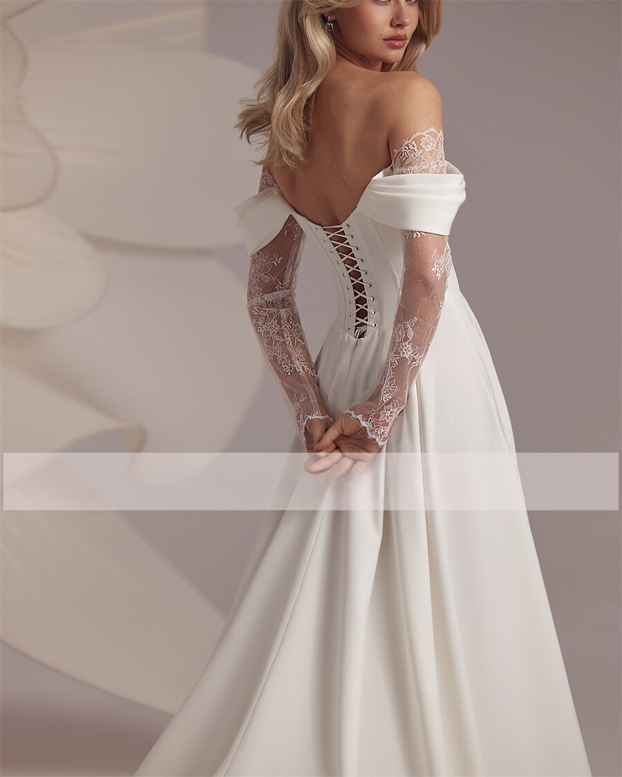 Elegant Satin A-Line Wedding Dress Strapless High Slit Lace Sleeves Bridal Gowns