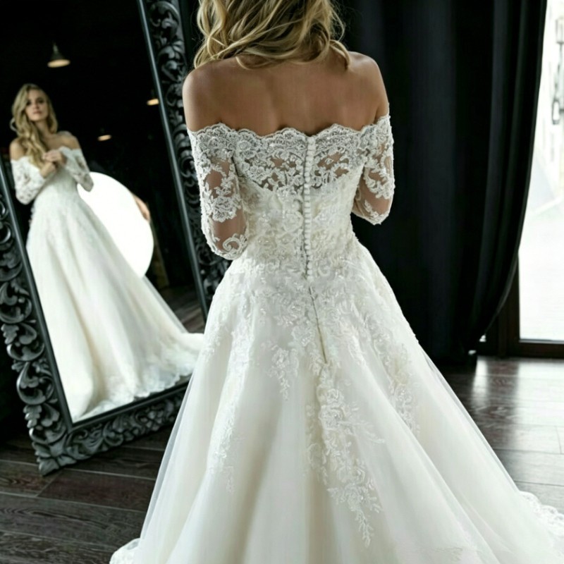 Vintage Off Shoulder A Line Long Sleeves Wedding Dresses White Ivory Bridal Gown
