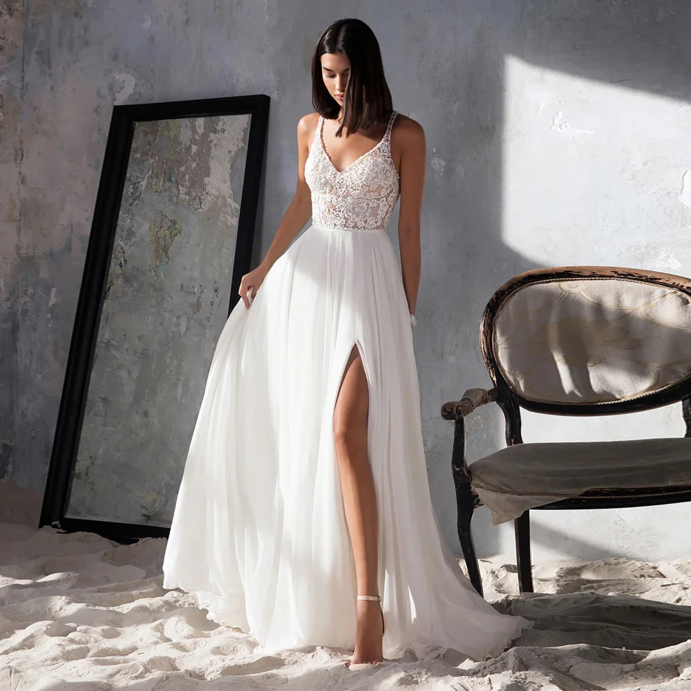 V Neck Sparkling Sequin Lace Chiffon Bride Dresses Side Slit Beach Bridal Gowns