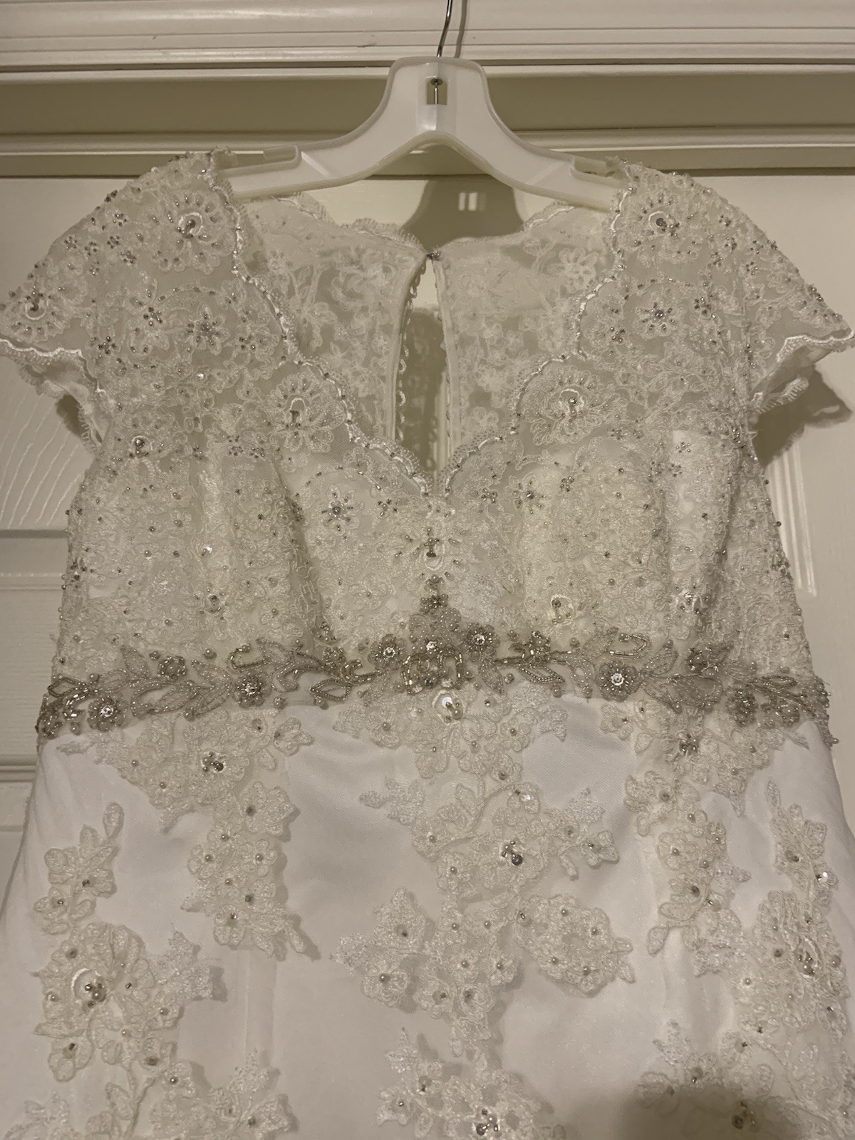 David’s Bridal Ivory Cap Sleeve Lace Over Satin A-Line Wedding Dress 16 petite