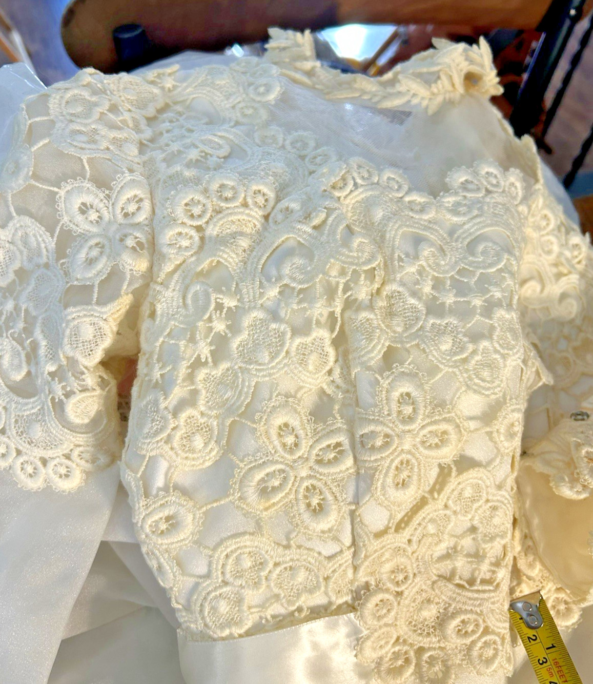 Beautiful Vintage Wedding Dress With Veil, train, lace, back buttons and zipper