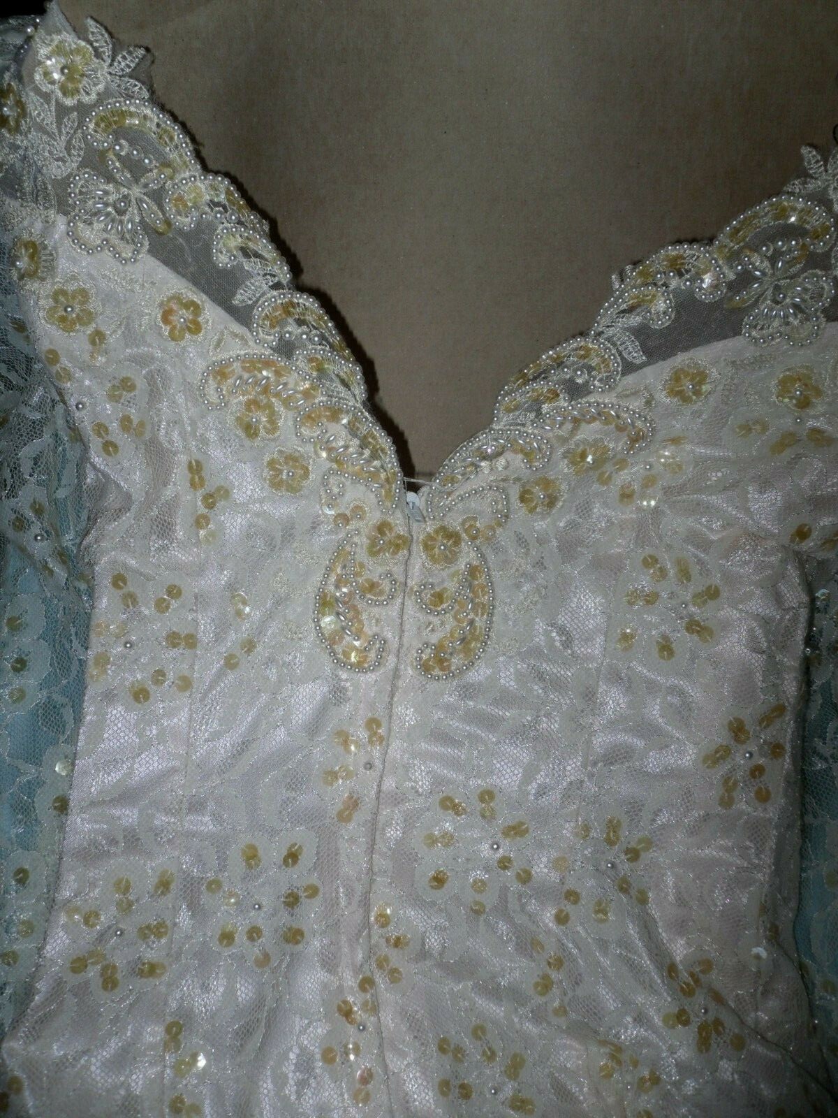 White With Pink, Lace & Beaded Long Sleeve Satin Wedding Dress From the 90’s