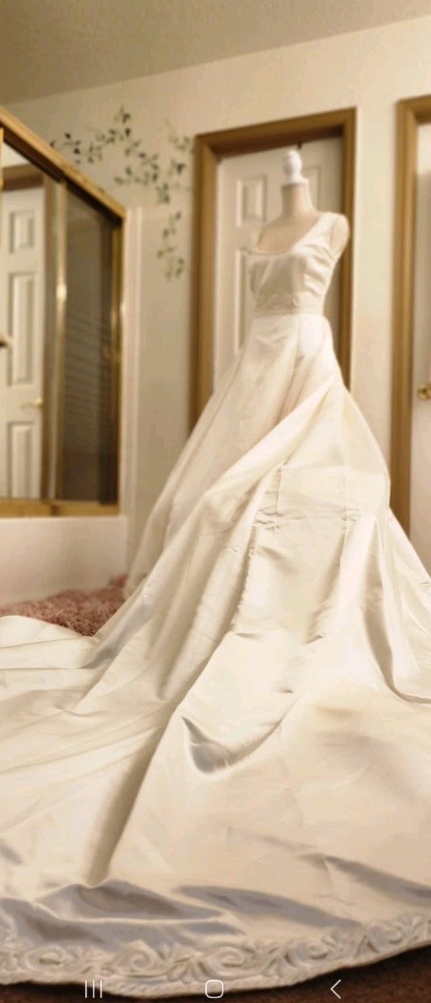 Demetrios champagne Embroidered A-Line Wedding Dress Cap Sleeve Square Neck