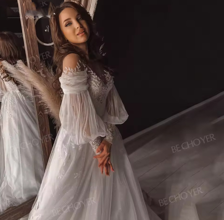 Puff Sleeve Wedding Dresses Shiny Fashion Beaded A-Line customized Princess