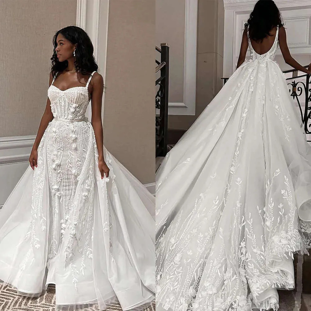 Luxury Mermaid Wedding Dresses Spaghetti Straps Detachable Train Bridal Gowns
