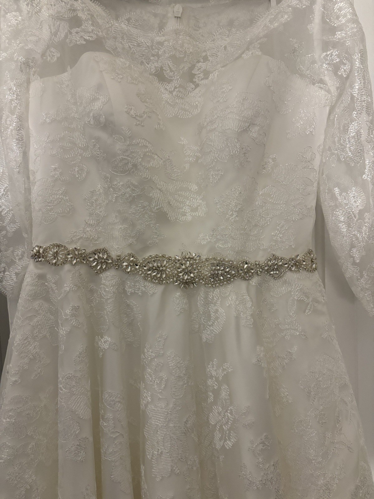 June Bridals Tea Length Lace 3/4 Sleeve Wedding Dress Size 12