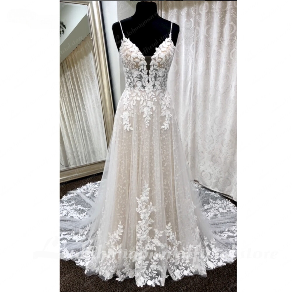 Deep V Neck Lace Floral Wedding Dresses Bridal Gown Champagne Spaghetti Straps