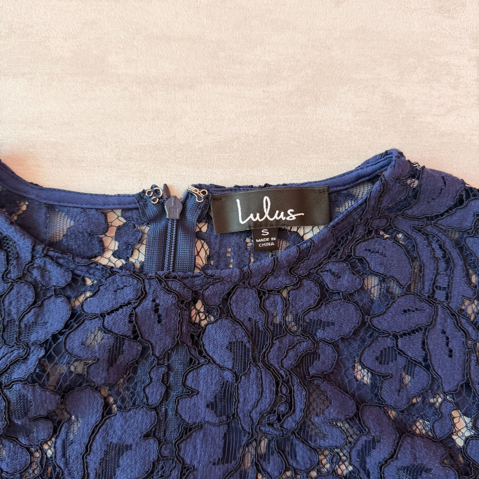 Lulu’s Elegance Navy Blue Lace Long Sleeve Midi Dress Illusion Neckline Small