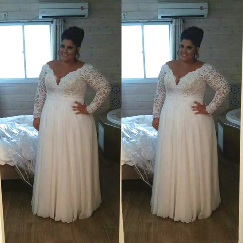 Plus Size Wedding Dresses Deep V-Neck Long Sleeve Lace Floor Length Bridal Gowns