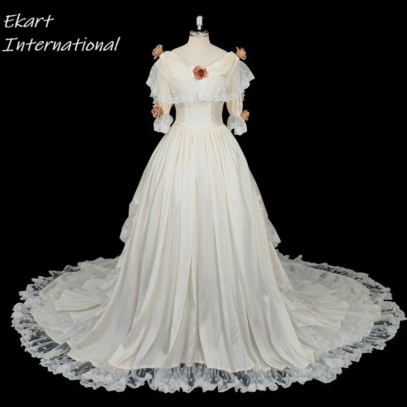 Vintage French white Satin orange rose v neck flower lace short flare sleeve