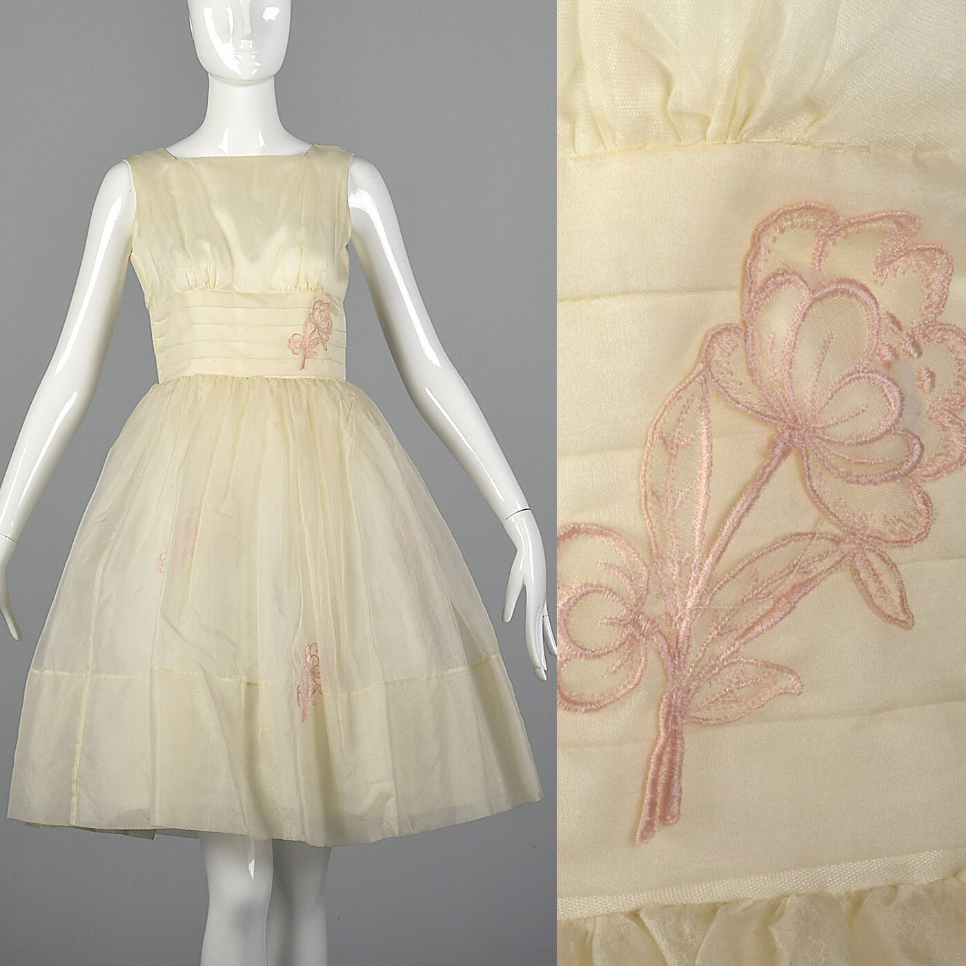 S 1950s Organza Wedding Dress Pink Floral Applique Sleeveless Full Skirt 50s VTG