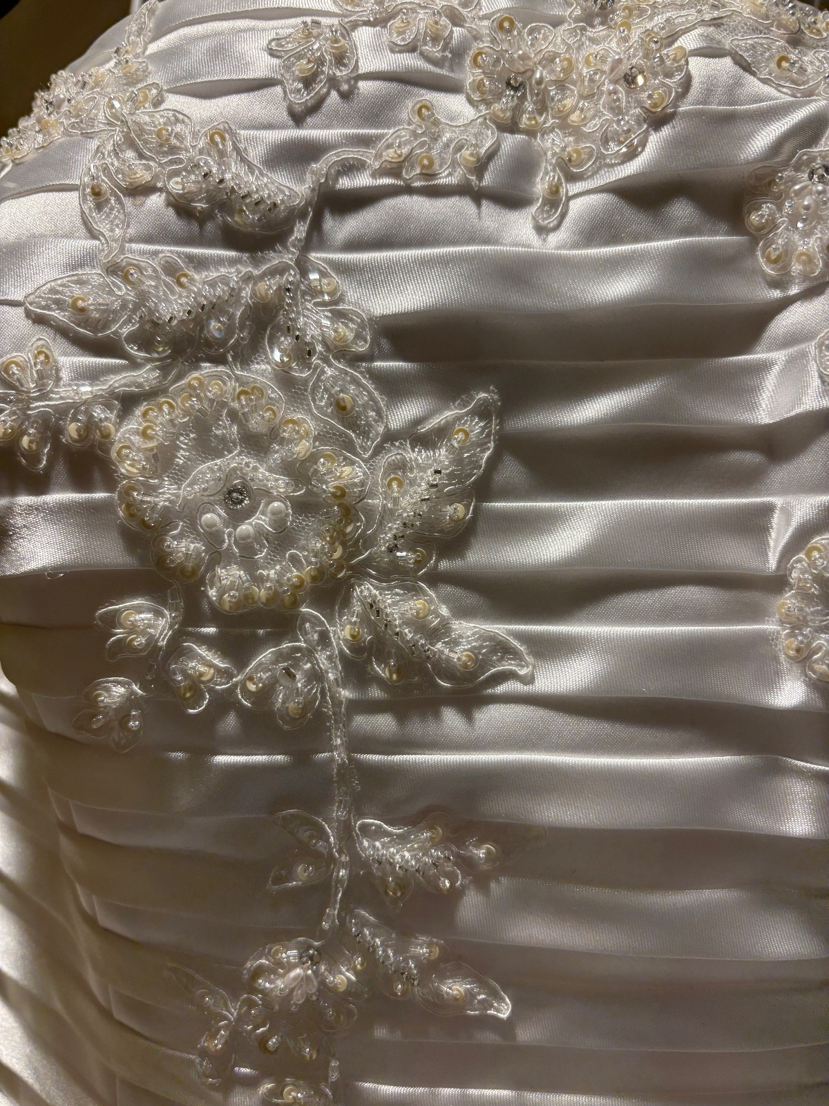 Beautiful Size 8 High Low White Satin with beads and embroidery Wedding Dress