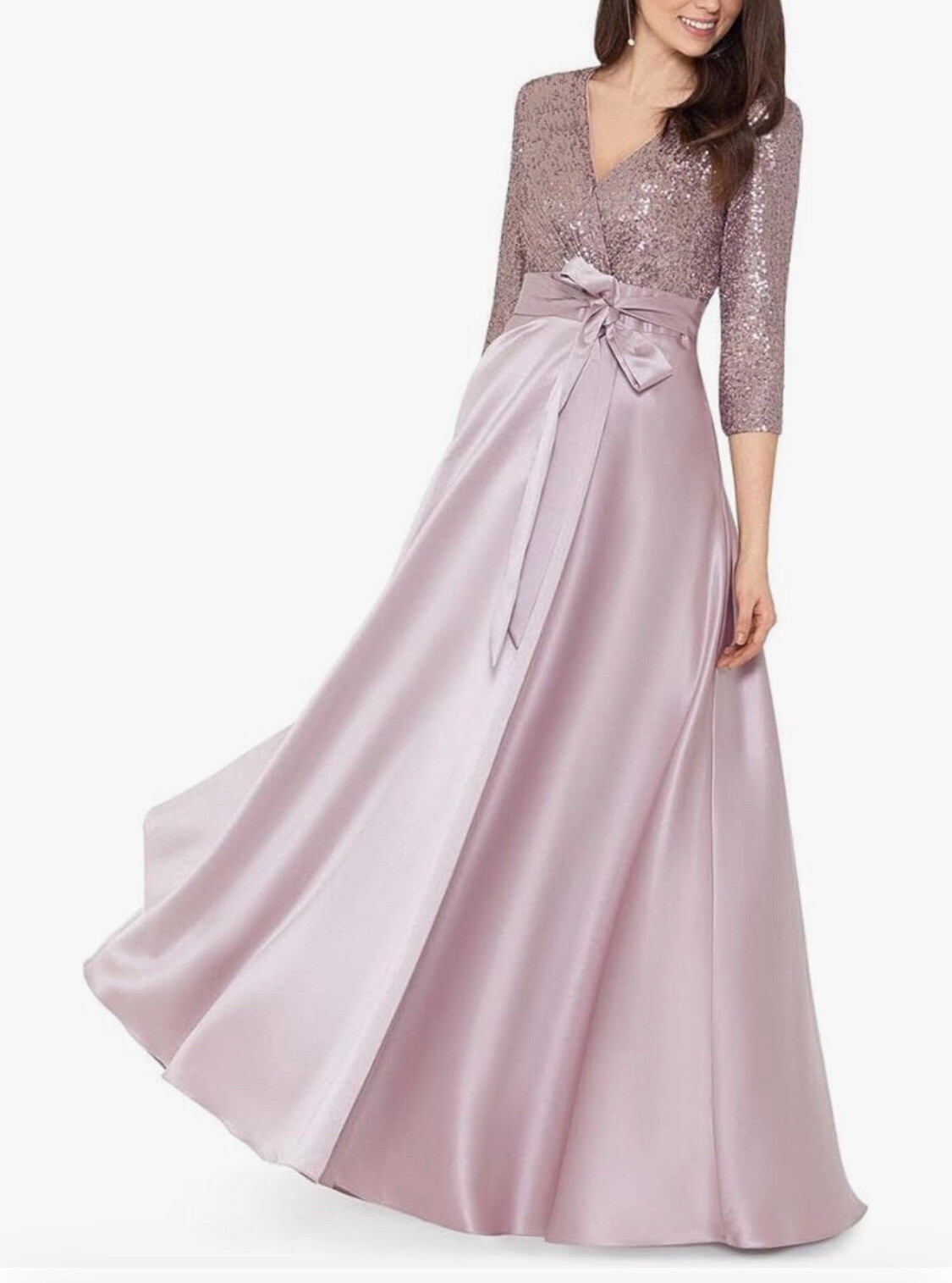 Xscape 3/4 Sleeve Sequin Top Stain Ballgown Mauve Size 12 Bow Formal Wedding