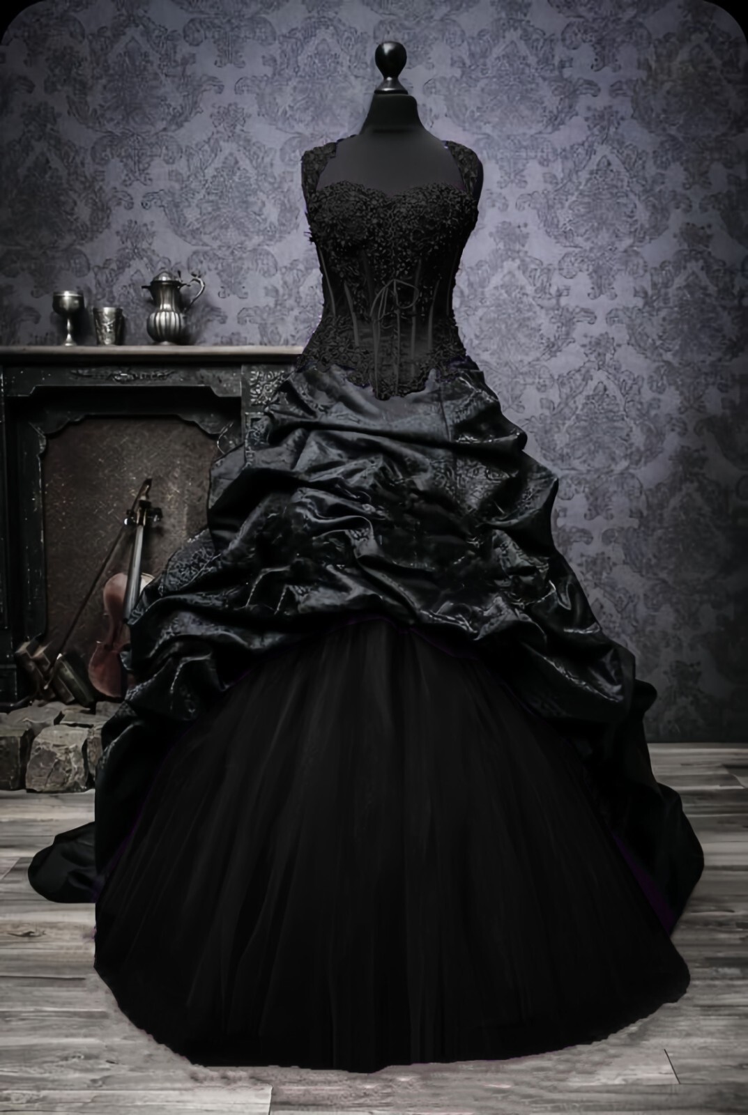 Vintage Gothic Wedding Dresses Victorian Black Jacquard Taffeta 1960s Ball Gowns