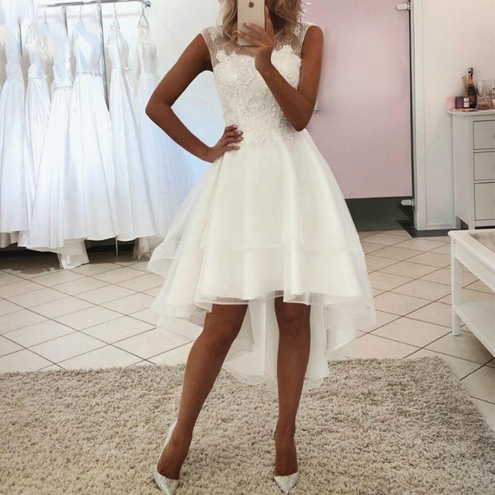Short Wedding Dresses White Lace Appliques Beaded Tulle Hi-Low Bridal Gowns New
