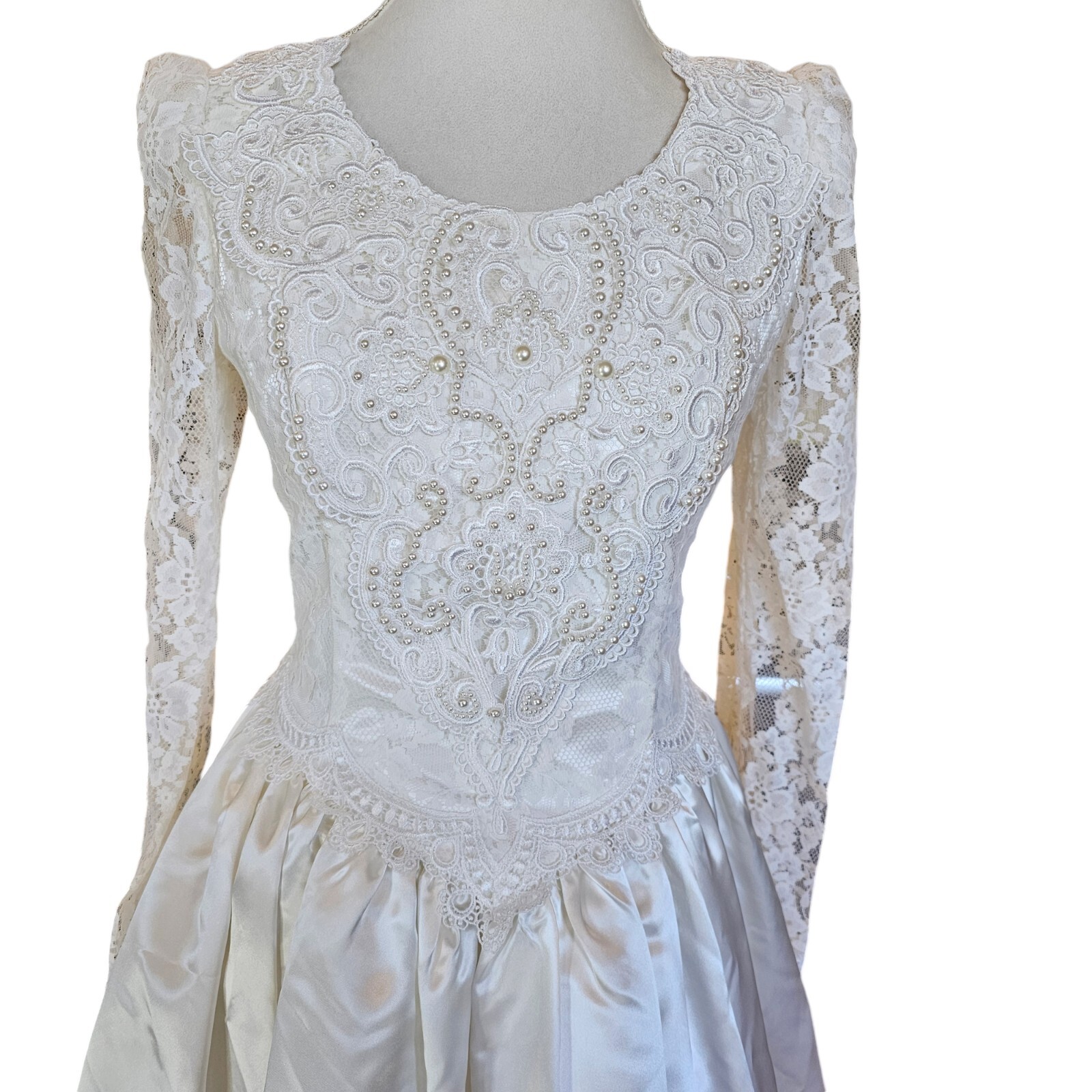 Jessica Mcclintock 90s White Wedding Dress Lace Embellished Long Sleeve Size 7/8