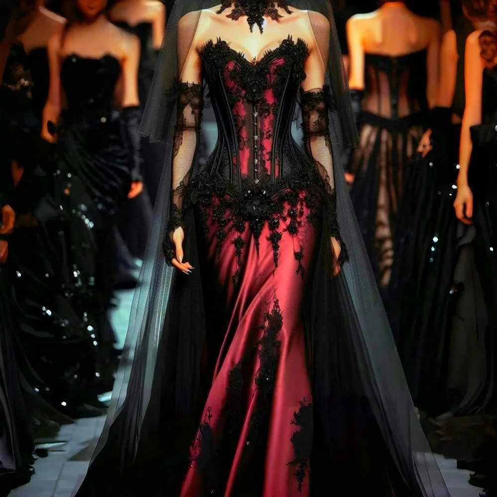 Black+Red Gothic Mermaid Wedding Dresses Tulle Lace Appliques Bridal Gowns
