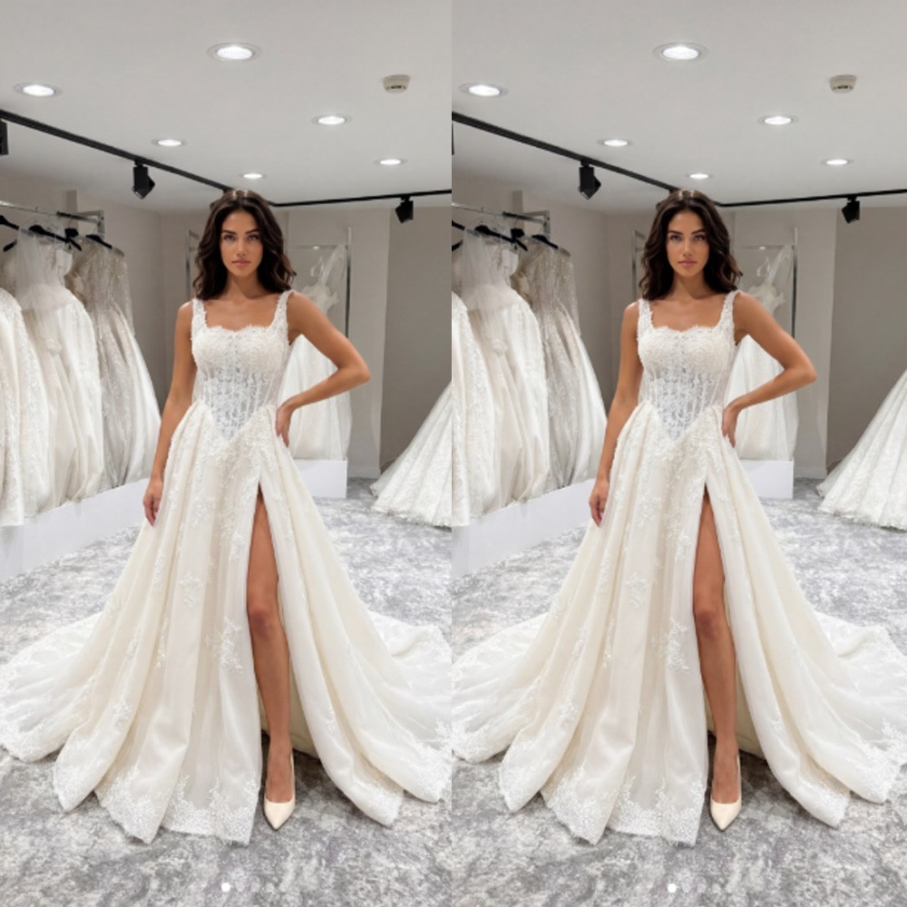 Beach Wedding Dresses with High Slit Lace Applique Sweep Train Boho Bridal Gowns