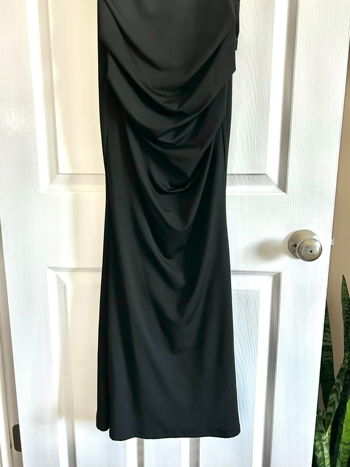 Elegant Long Black Mermaid-Style Gown with Ruching; Wedding Guest, Black-Tie