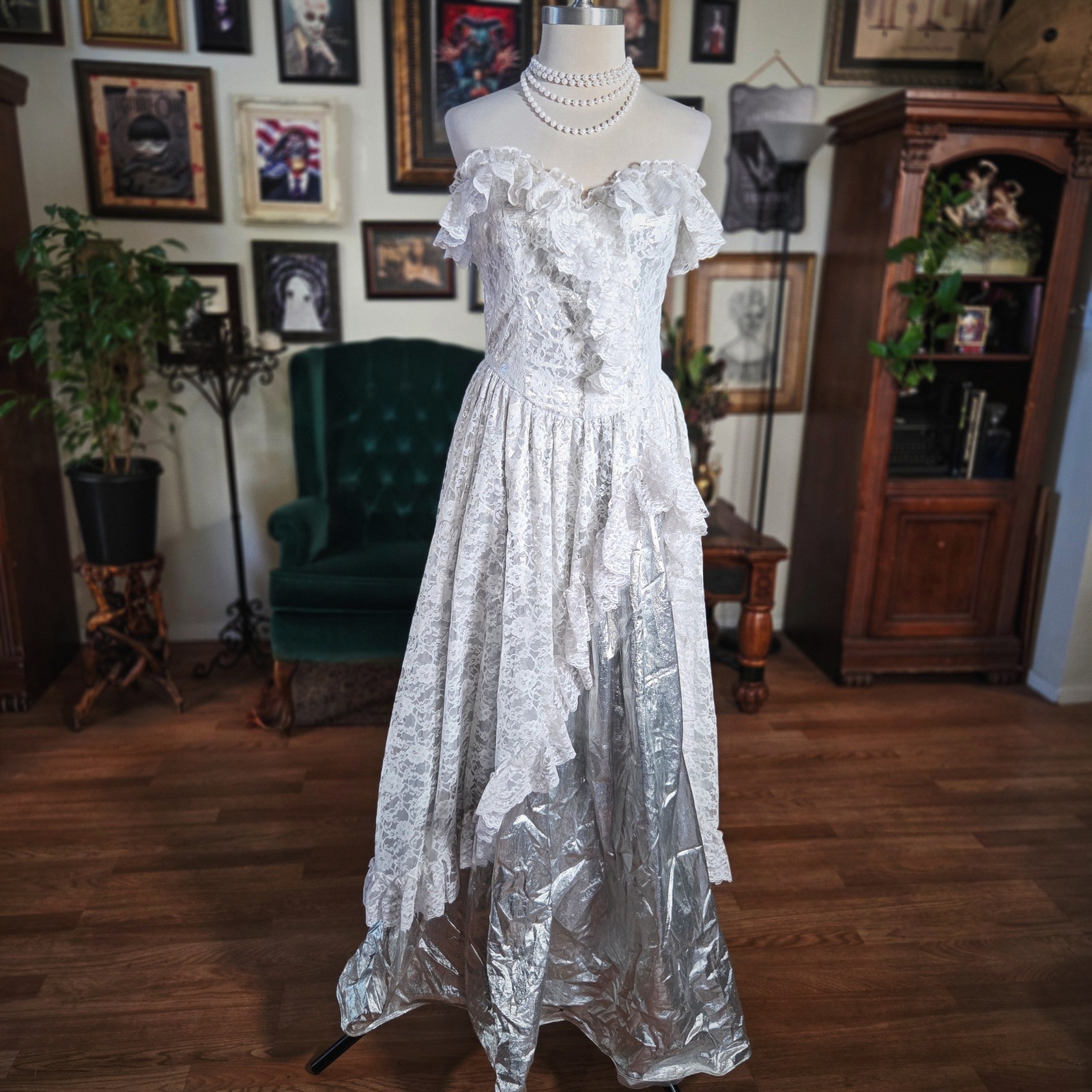 Vintage 80s Lace Off Shoulder Wedding Dress Silver Overlay Ruffles Formal Gown