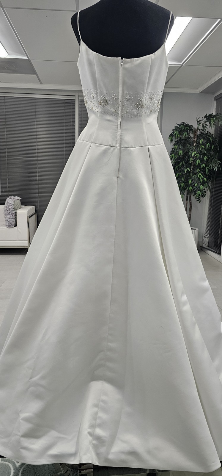 I-611 White Satin, Low Scoop Neckline, Box Pleats Floor Length Wedding Dress