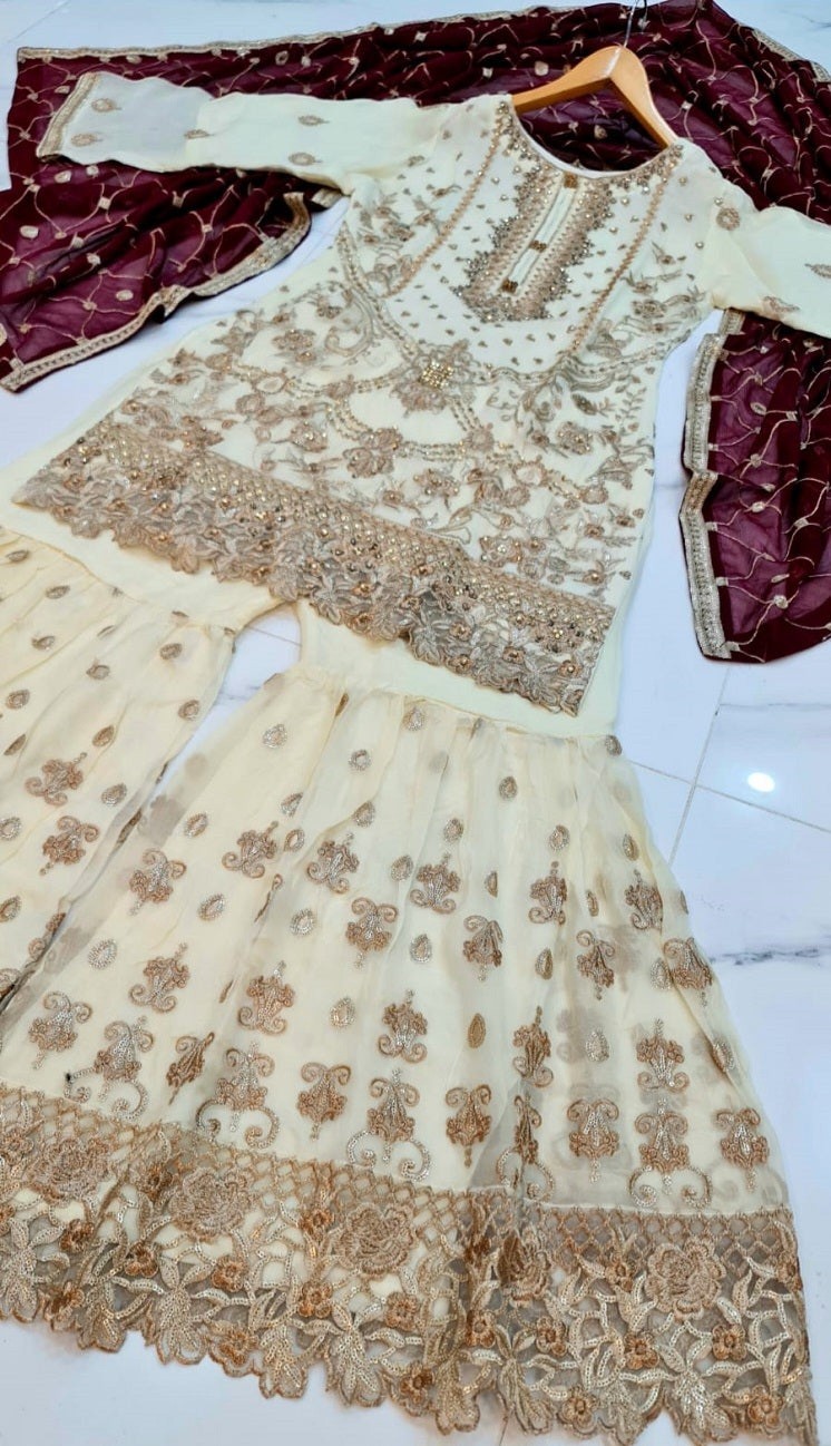 NIKKAH White Gharara 3 Piece Desi Wedding Sharara Free Shipping – USA