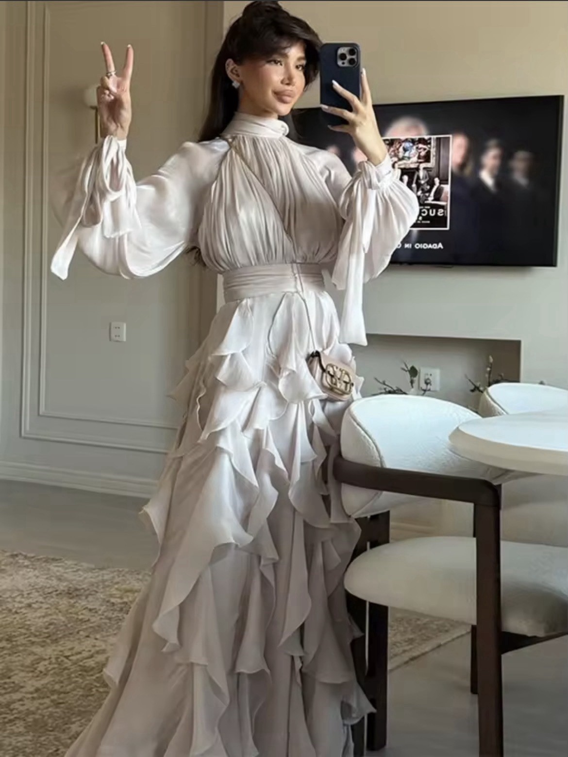 Champagne Classic High Neck Long Sleeve Ruffle ALine Full-Length Wedding Dress M