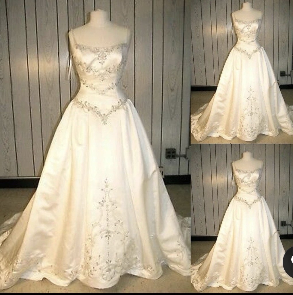 White Silver Satin Beaded Sleeveless Ball Gown Wedding Dress Square Neck Corset