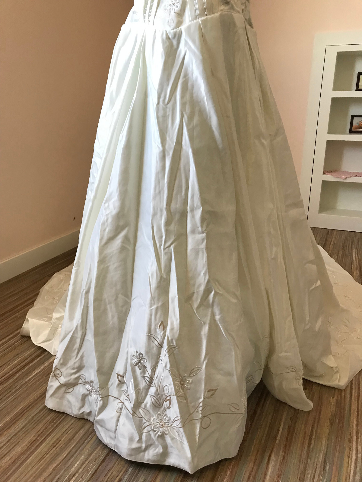 Bridal Originals Embroidered Satin Short Sleeve Wedding Gown Dress w/ Train