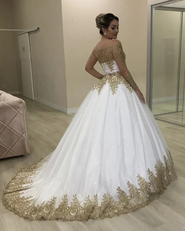Gold Lace Luxury Wedding Dresses Ball Gown Off Shoulder Long Sleeves Bride Gowns