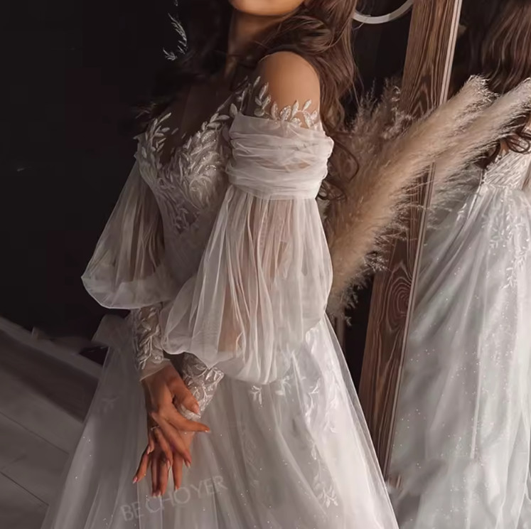 Puff Sleeve Wedding Dresses Shiny Fashion Beaded A-Line customized Princess