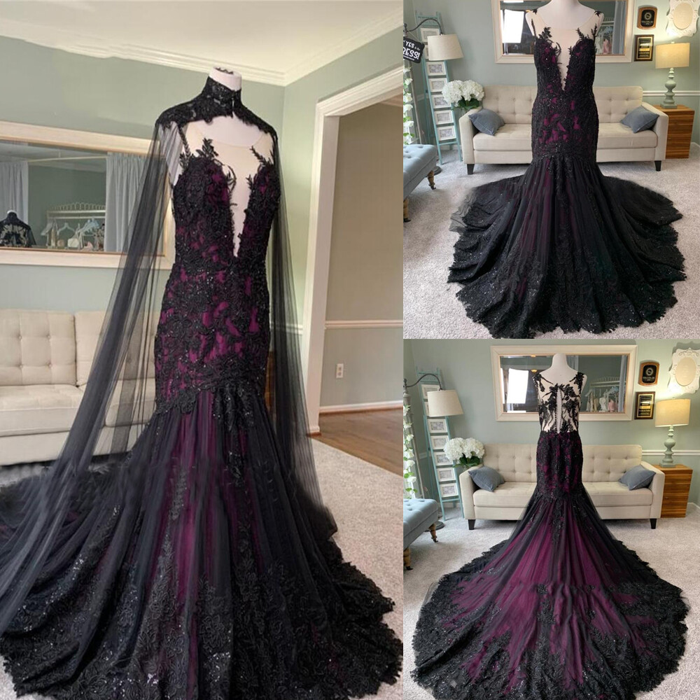 Black and Purple Wedding Dresses with Cape Gothic Mermaid Illusion Bridal Gowns