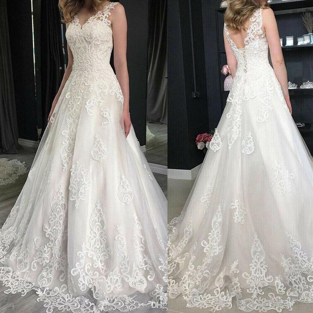White/Ivory A-line Wedding Dresses Lace Applique Bridal Gown Custom Size