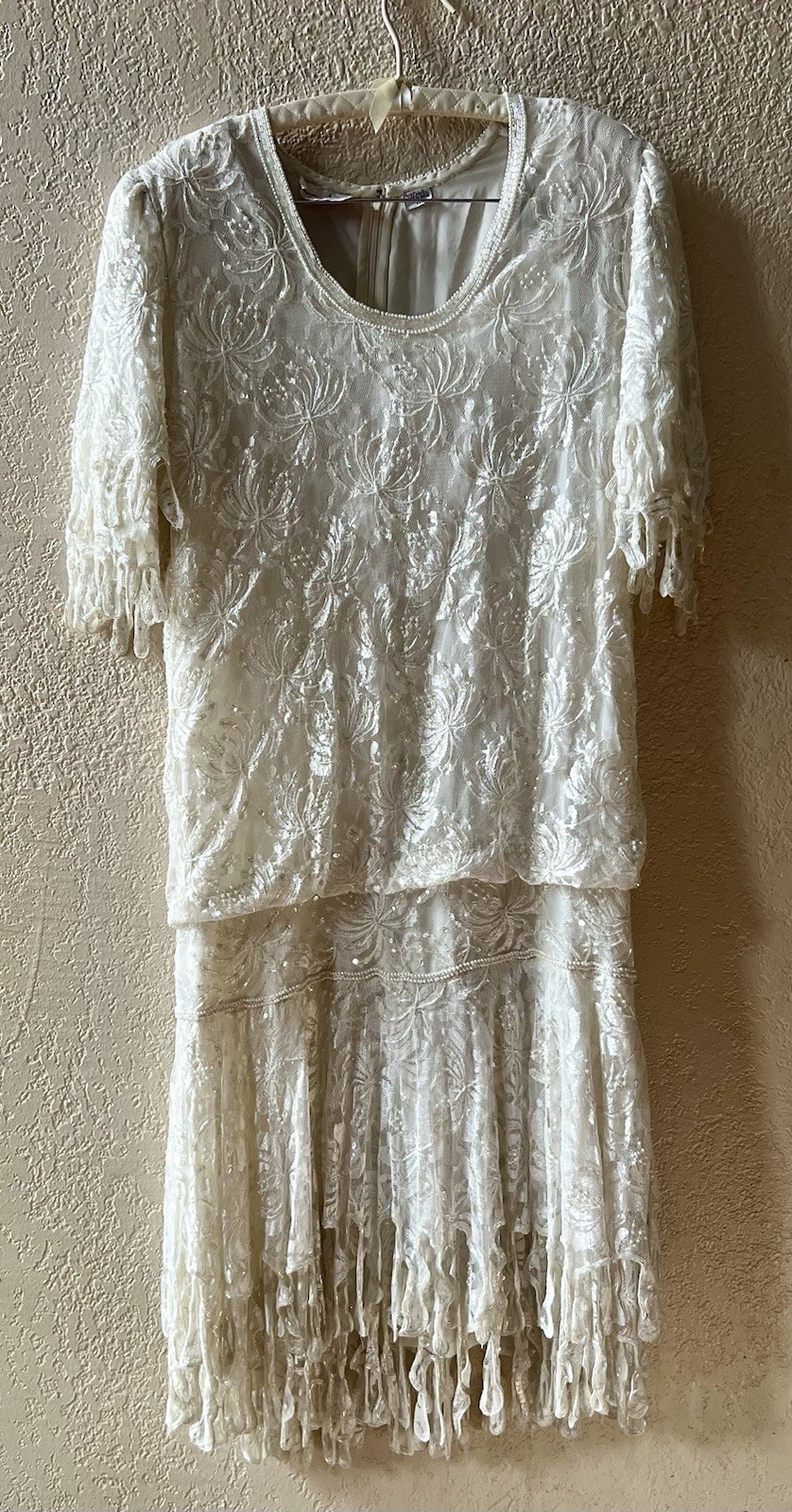 Laurence Kazar 80’s White Lace Heavily Beaded Pearl Wedding Dress Sz M Flapper