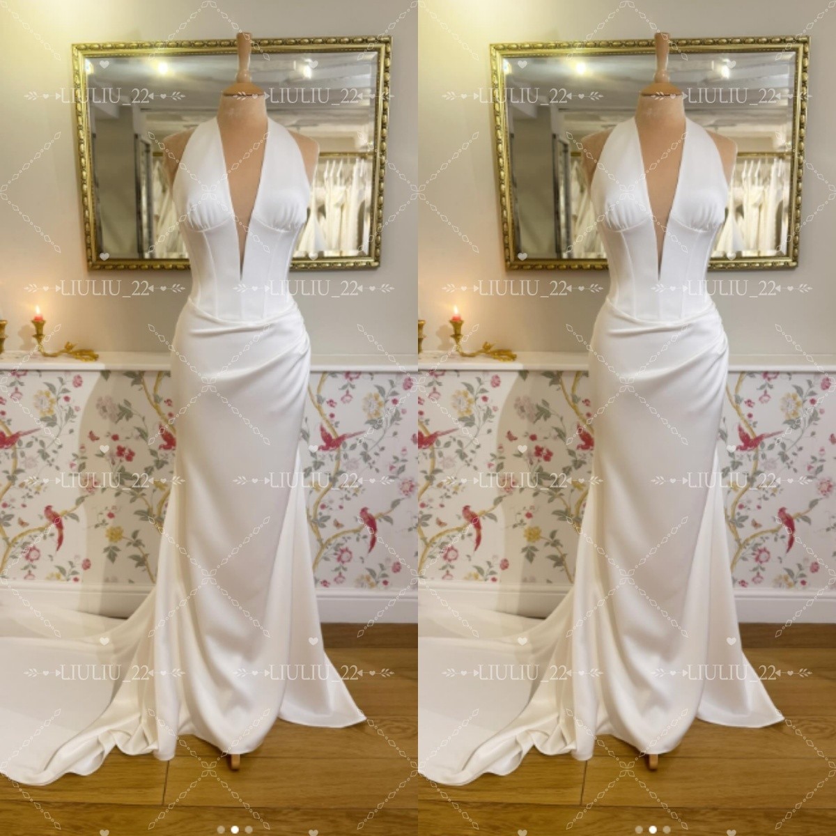 Satin Mermaid Wedding Dresses Sleeveless Halter Neck Train Ruching Bridal Gowns