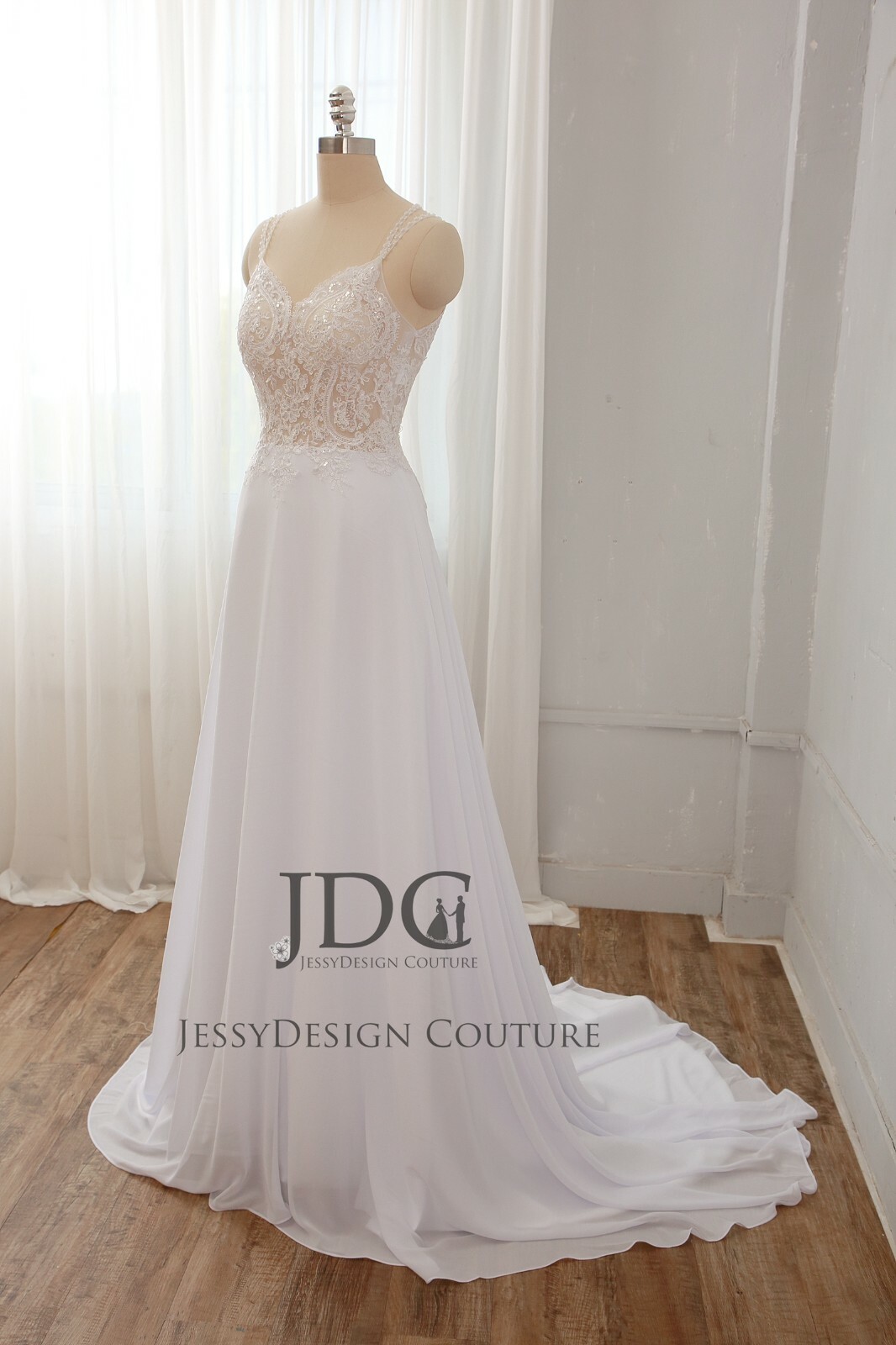 Beaded Flowy Chiffon Wedding Dress Bridal Gown Cross Straps Lace Bodice Sheer