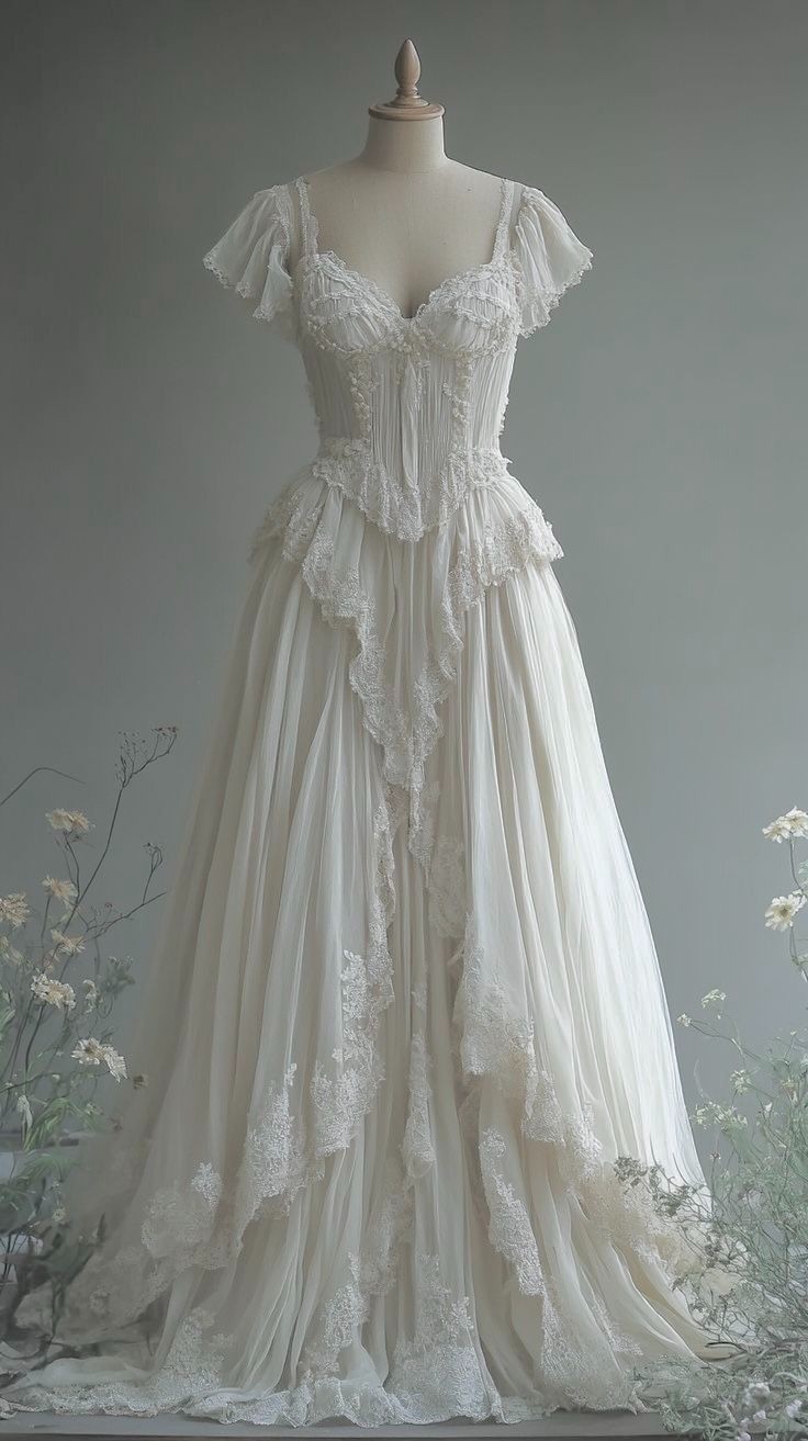 Vintage Wedding Dresses Lace Applique Ruffle Sleeve A-Line Dreamy Bridal Gowns