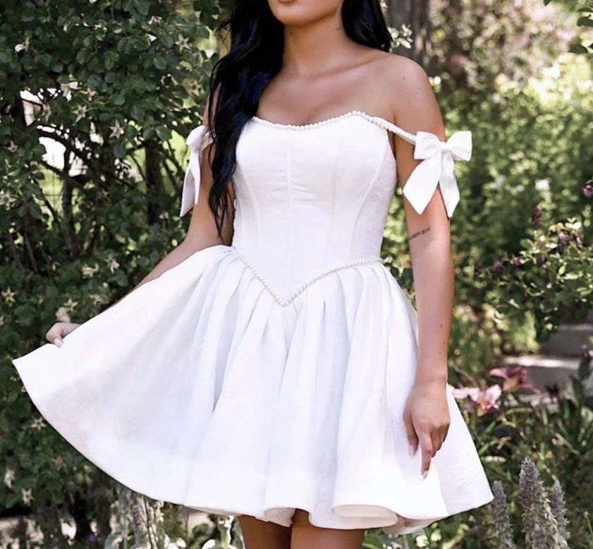 Off-Shoulder Pearl Trim Mini Dress US 16 Reese 2.0 Heirloom Bridal Company