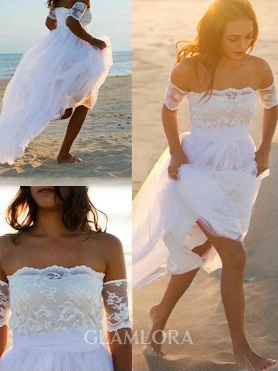 White Lace Off-Shoulder Portrait Short Sleeve A-Line Beach Wedding Dress Train