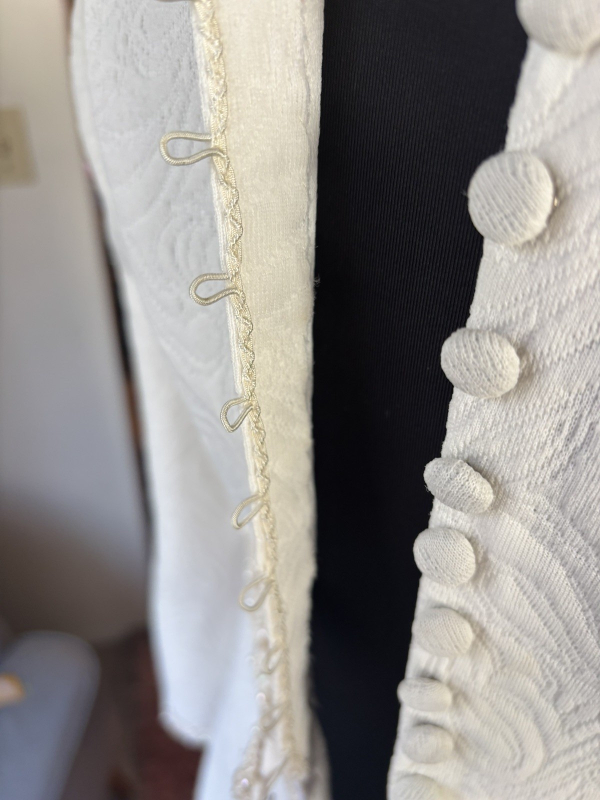 Vintage MCM 1960s Ivory Jacquard Wedding Dress bridal beaded Lace bell sleeves