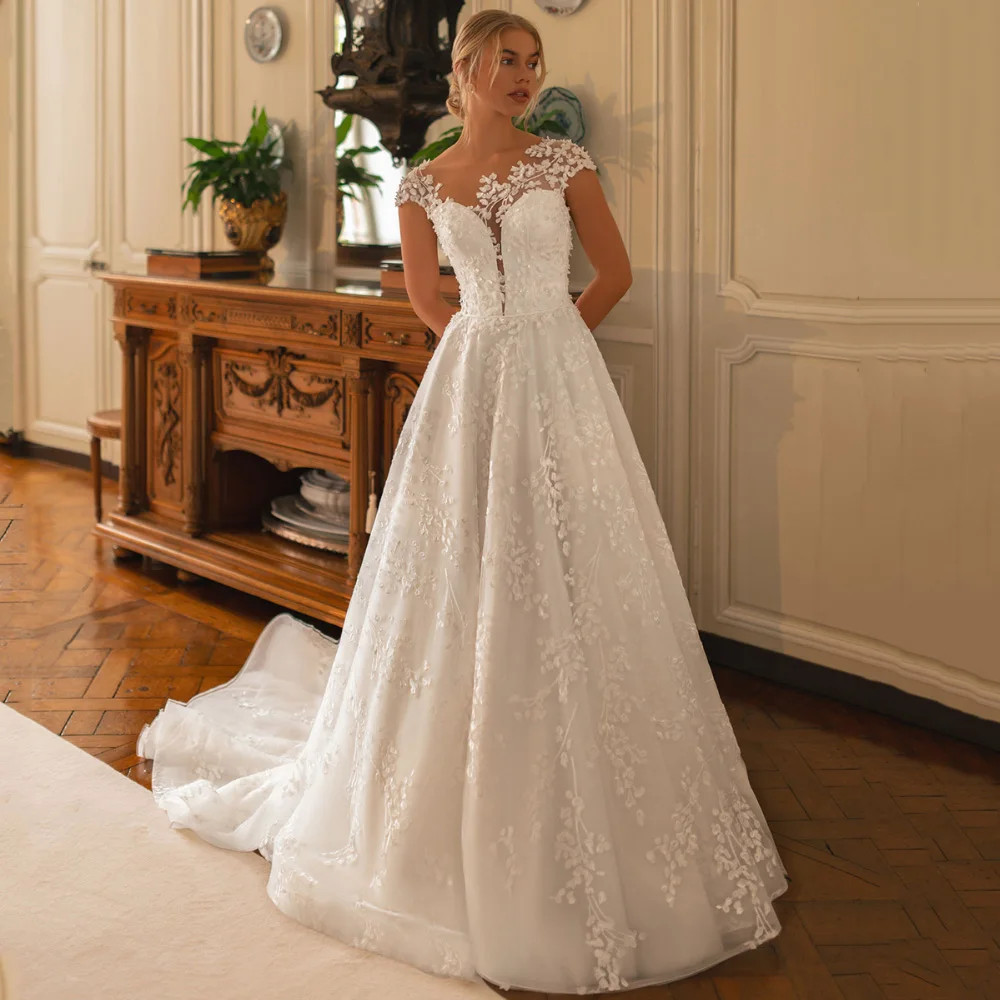 Exquisite Lace Wedding Dress Cap Sleeve Scoop Neck Illusion Back Zipper Buttons