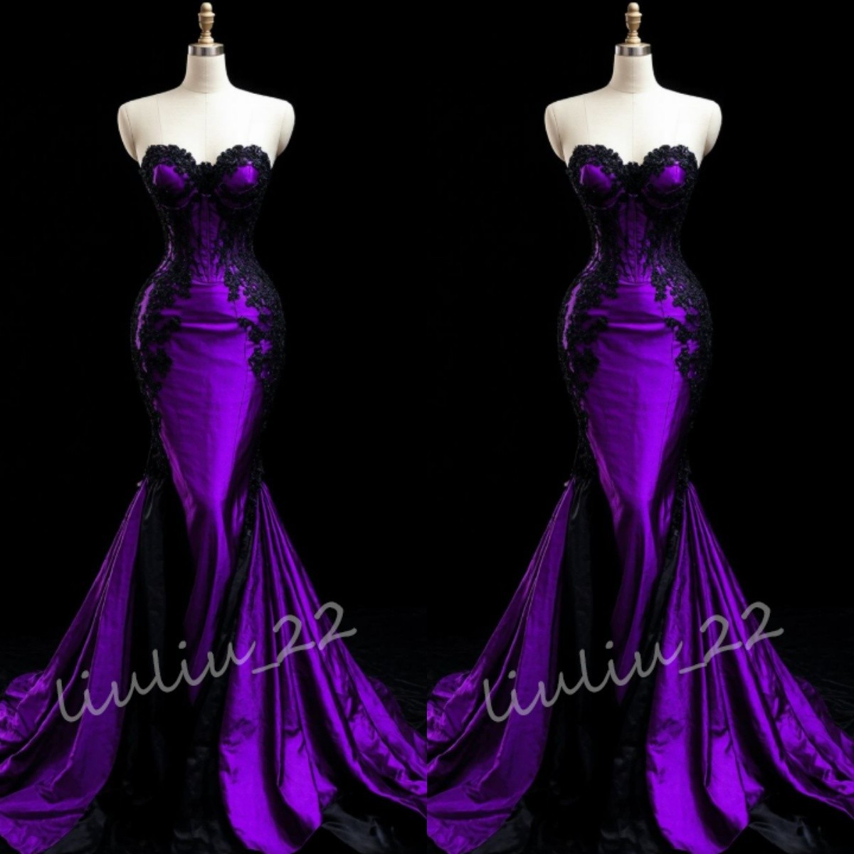 Dark Purple Satin Mermaid Wedding Dresses Sweep Train Lace Applique Bridal Gowns