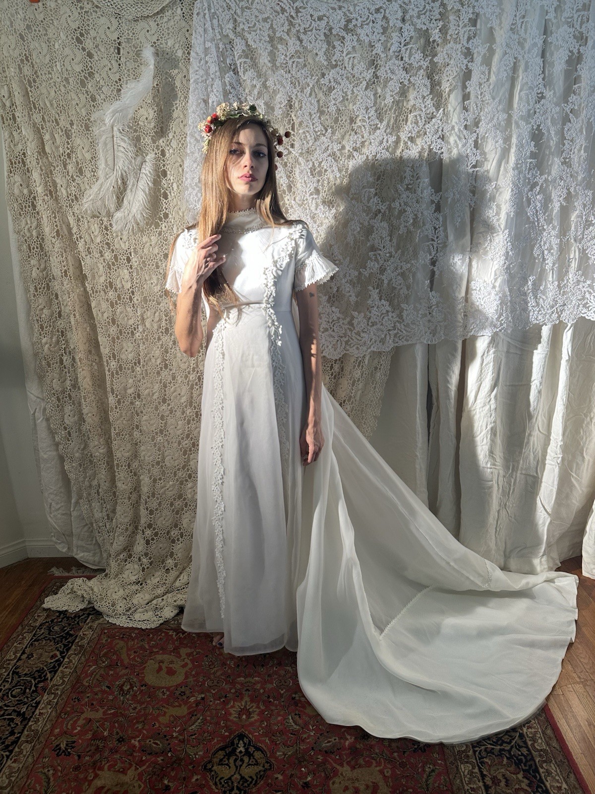 Vintage 1960s Restored White Lace High Neck Short Sleeve A-Line Wedding Dress