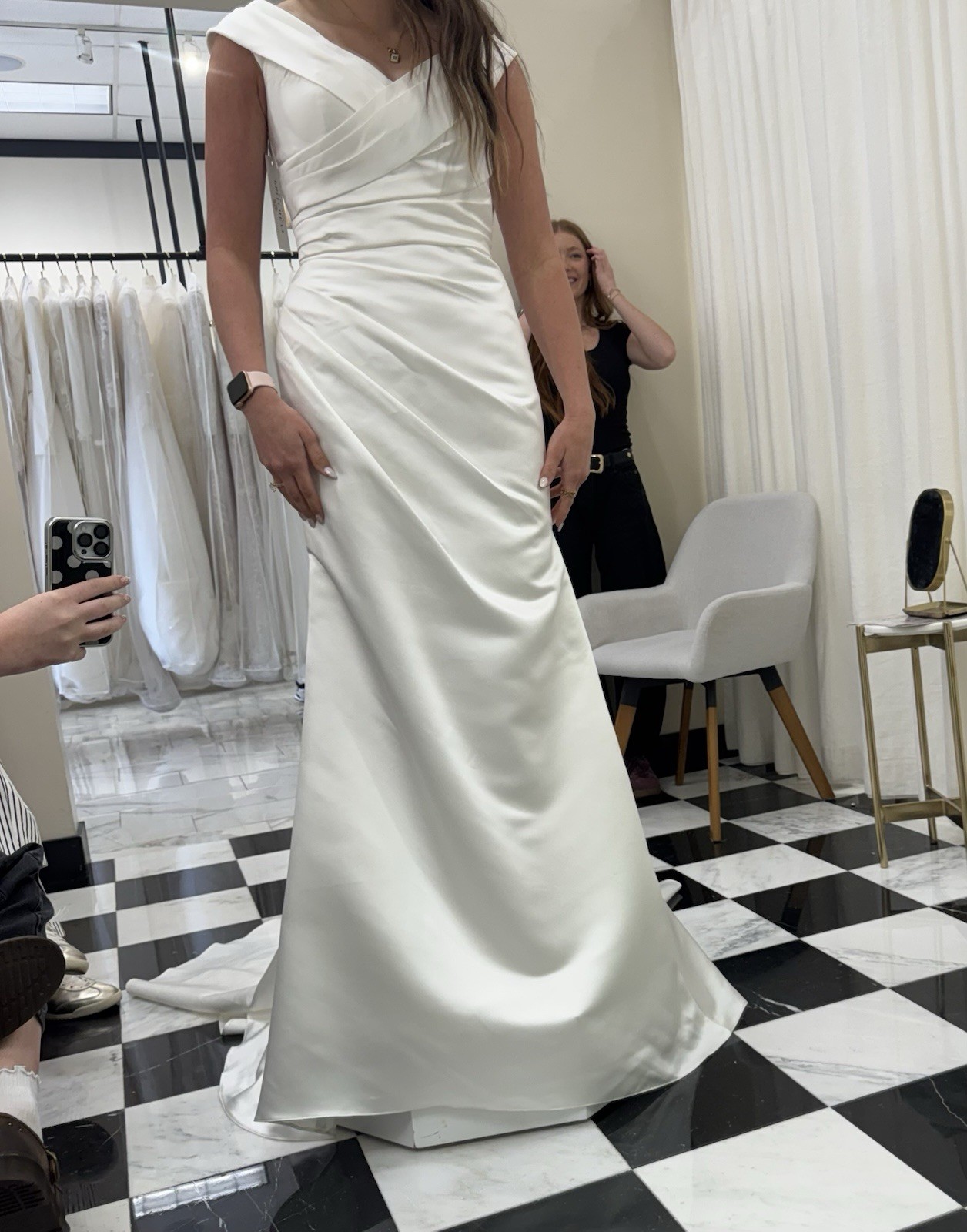 White Satin A-Line Wedding Dress Portrait Off-Shoulder Sleeveless with Train