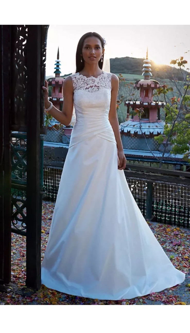 David’s Bridal A-Line Ivory Taffeta Illusion Lace Wedding Dress Size 2 WG3529