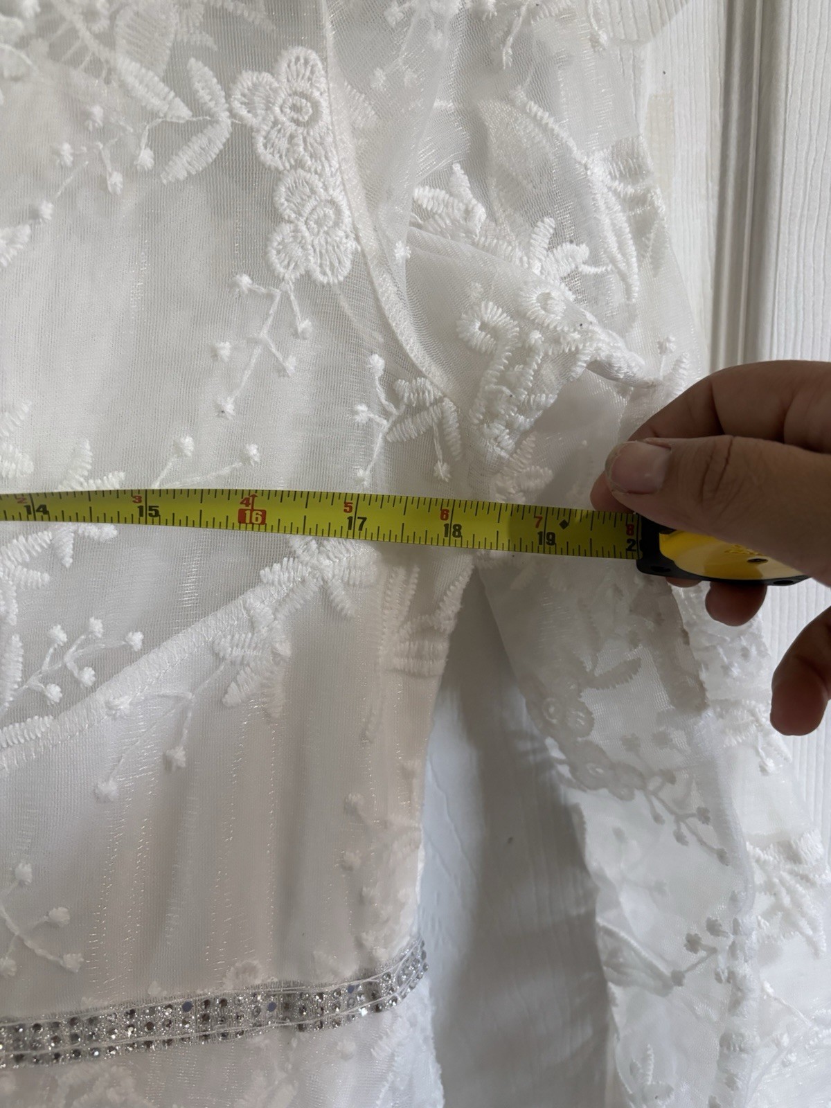 White Lace A-Line Wedding Dress V-Neck Long Sleeve Beaded Full Length 16
